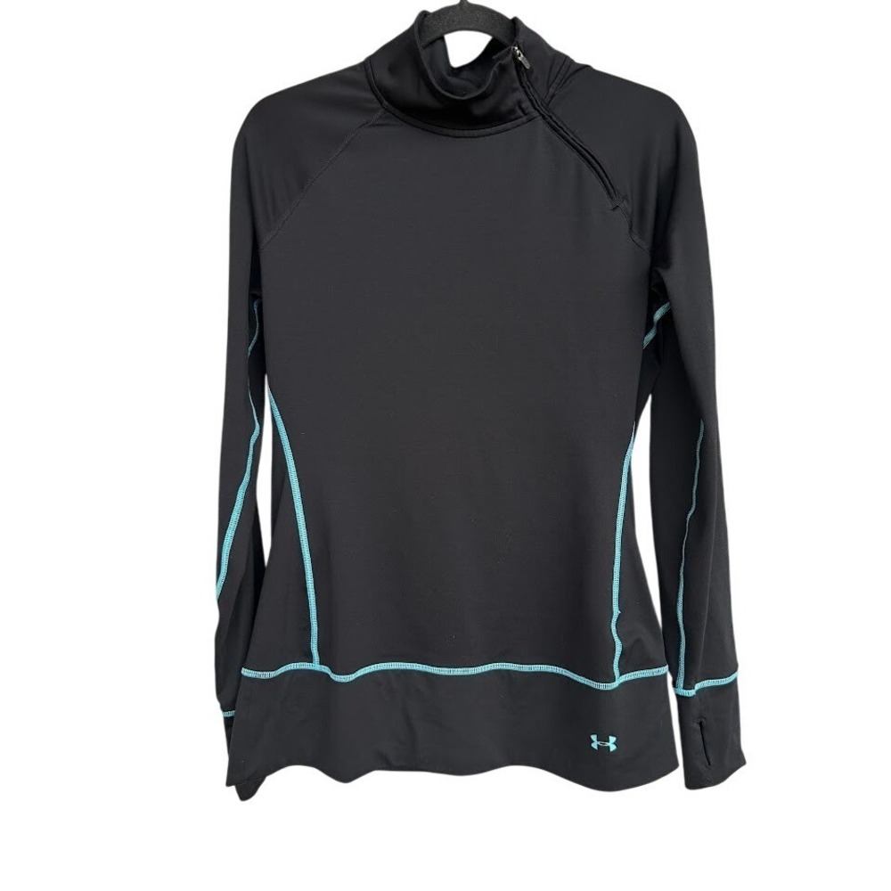 Under Armour Womens Black Blue  Zip Mock‎ Neck Pullover Long Sleeve Thumbholes